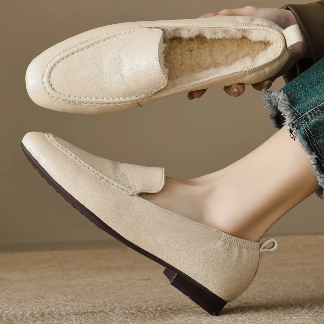 Loafers women's sheepskin wool inside slip-on flats moccasins warm winter cold weather casual espadrilles shoes for woman 2024