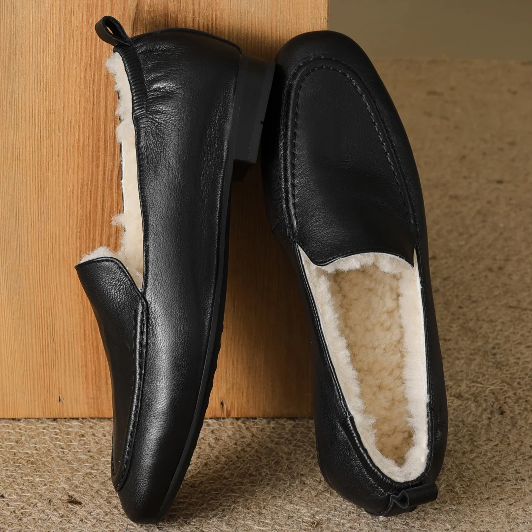 Loafers women's sheepskin wool inside slip-on flats moccasins warm winter cold weather casual espadrilles shoes for woman 2024