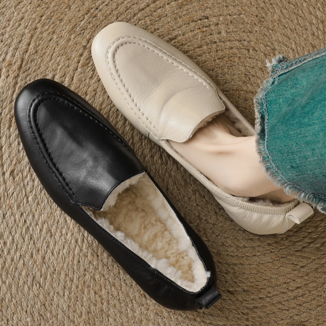 Loafers women's sheepskin wool inside slip-on flats moccasins warm winter cold weather casual espadrilles shoes for woman 2024