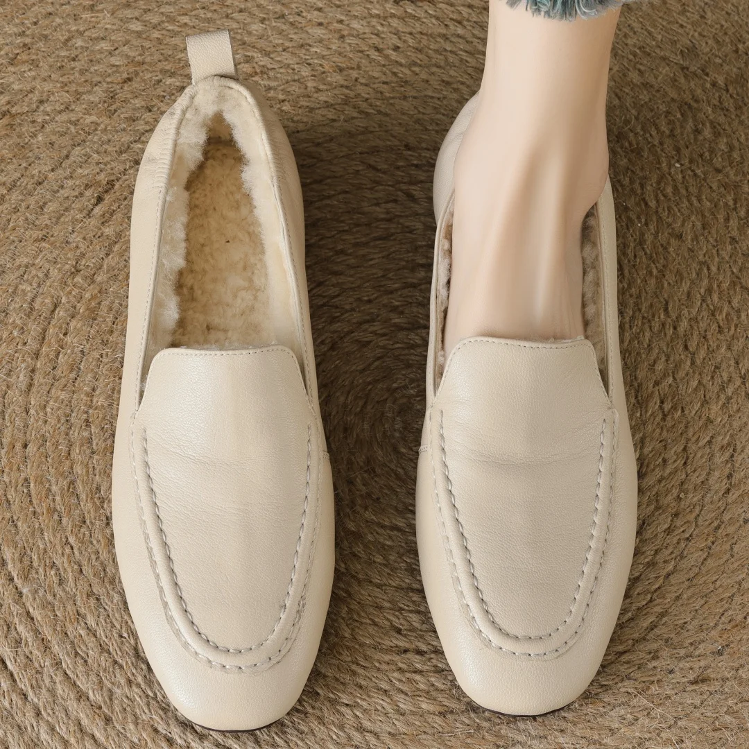 Loafers women's sheepskin wool inside slip-on flats moccasins warm winter cold weather casual espadrilles shoes for woman 2024