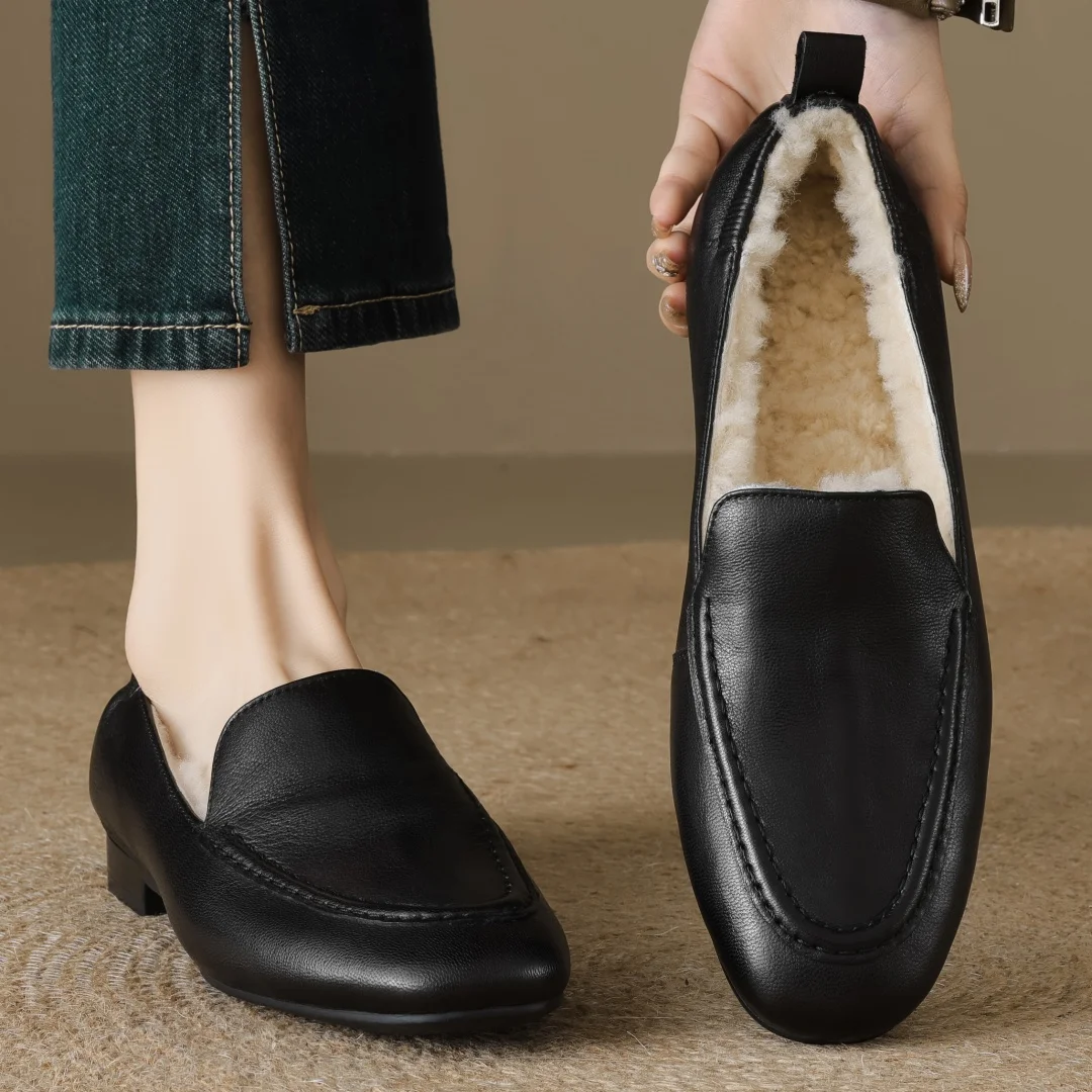 Loafers women's sheepskin wool inside slip-on flats moccasins warm winter cold weather casual espadrilles shoes for woman 2024