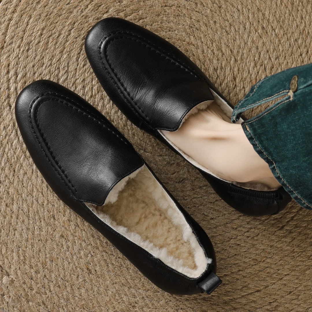 Loafers women's sheepskin wool inside slip-on flats moccasins warm winter cold weather casual espadrilles shoes for woman 2024