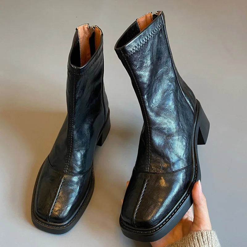 Eilyken Fashion Design Split Stitching Slim Women Ankle Boots Autumn Winter Retro Square Toe Block Heels Back Zipper Shoes