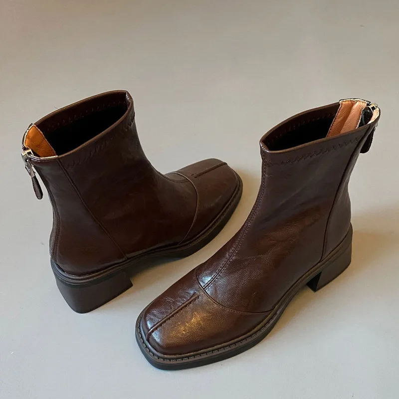 Eilyken Fashion Design Split Stitching Slim Women Ankle Boots Autumn Winter Retro Square Toe Block Heels Back Zipper Shoes