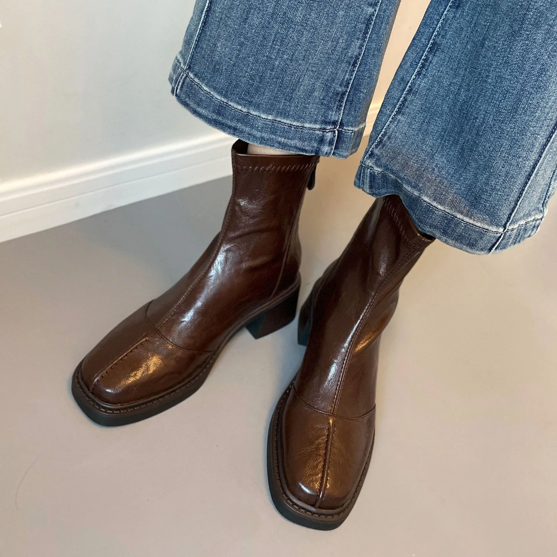 Eilyken Fashion Design Split Stitching Slim Women Ankle Boots Autumn Winter Retro Square Toe Block Heels Back Zipper Shoes