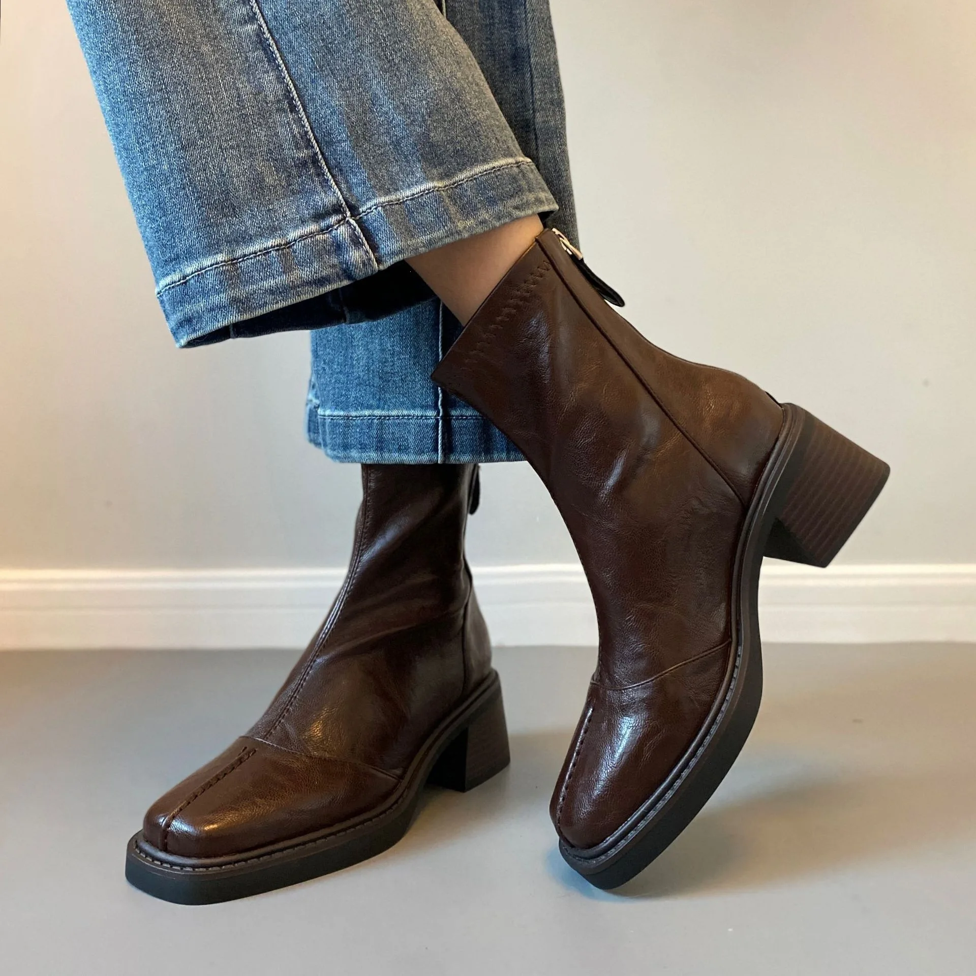 Eilyken Fashion Design Split Stitching Slim Women Ankle Boots Autumn Winter Retro Square Toe Block Heels Back Zipper Shoes