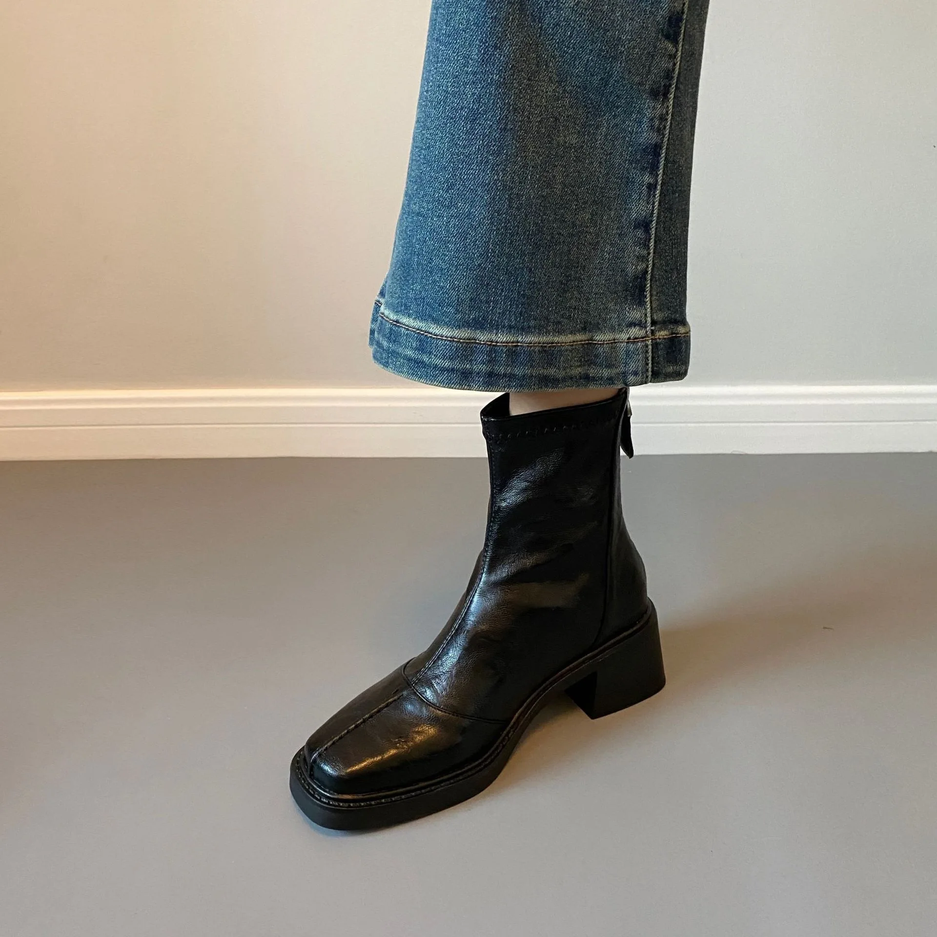 Eilyken Fashion Design Split Stitching Slim Women Ankle Boots Autumn Winter Retro Square Toe Block Heels Back Zipper Shoes