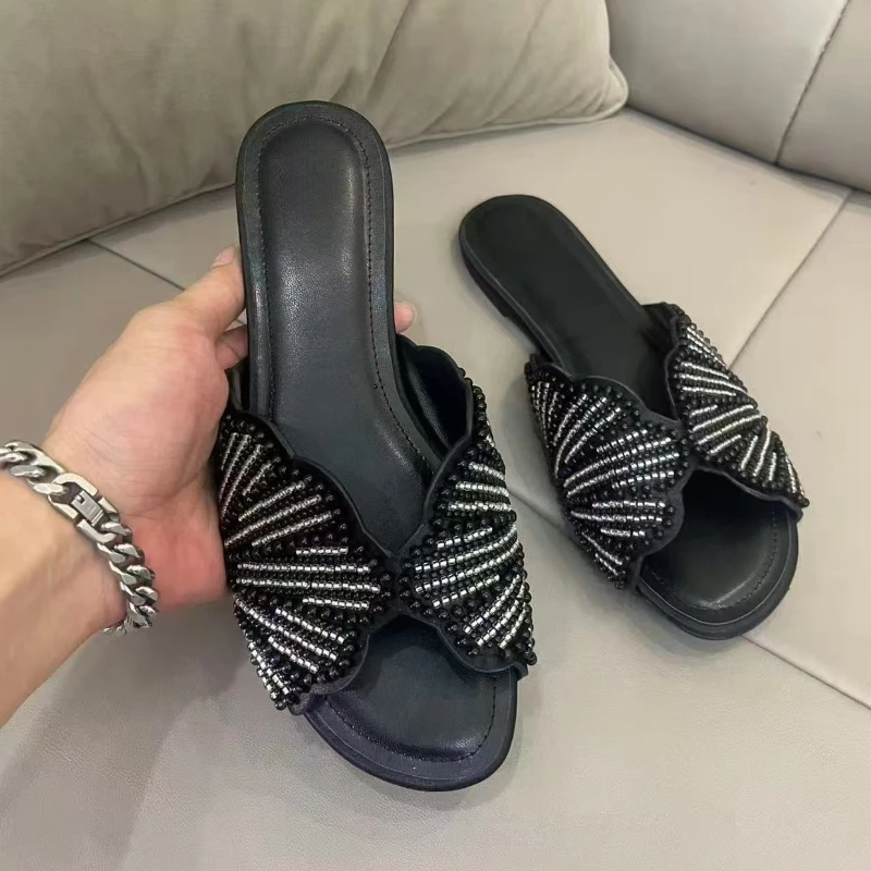 Black Beaded Butterfly Flat Women Sandals Open Toe Summer Slippers for Beach Casual Wear Fashion Ladies Slides Beach Shoes