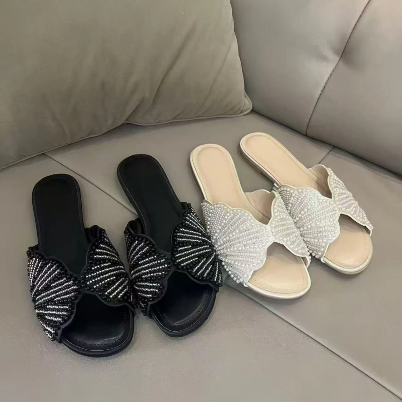 Black Beaded Butterfly Flat Women Sandals Open Toe Summer Slippers for Beach Casual Wear Fashion Ladies Slides Beach Shoes