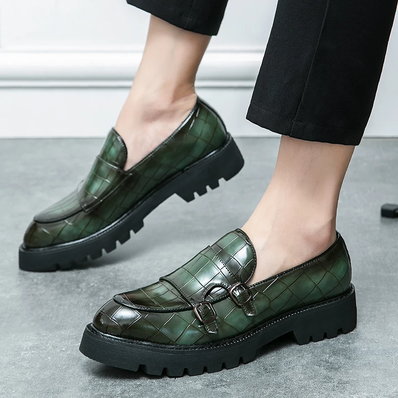 Street Fashion Men's Loafers Thick Sole Big Toe Shoes Trend Green Party Dress Shoes Men's Genuine Leather Casual Shoes 37-46