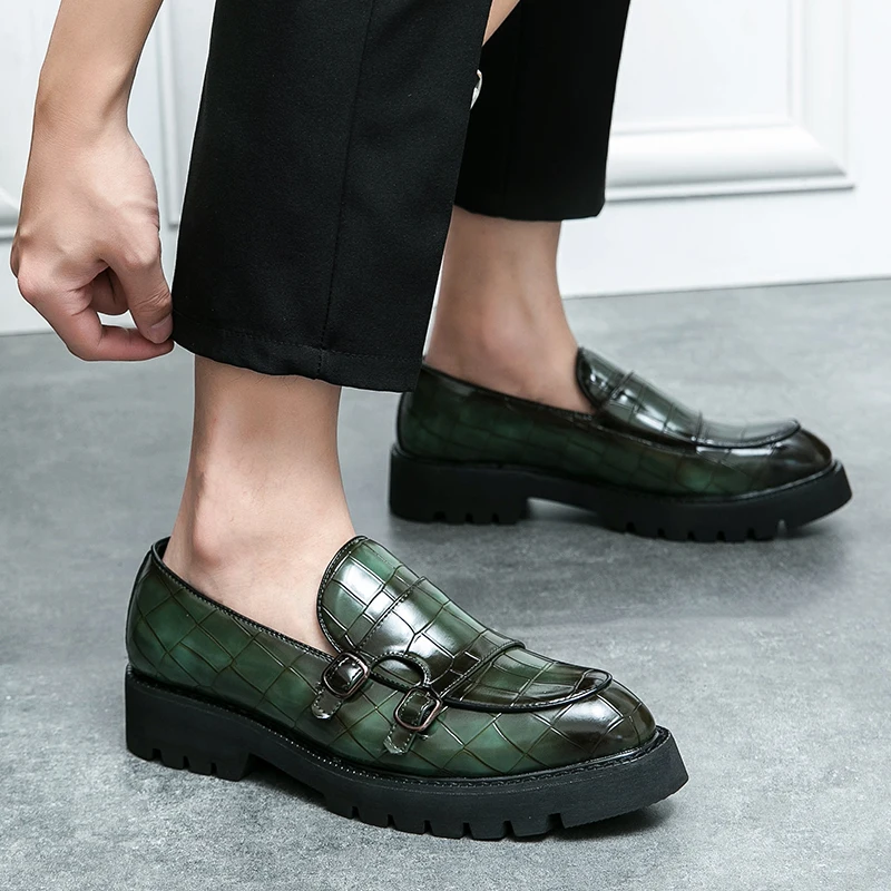Street Fashion Men's Loafers Thick Sole Big Toe Shoes Trend Green Party Dress Shoes Men's Genuine Leather Casual Shoes 37-46