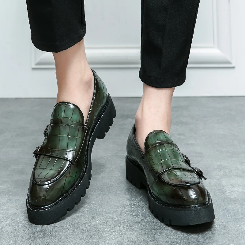 Street Fashion Men's Loafers Thick Sole Big Toe Shoes Trend Green Party Dress Shoes Men's Genuine Leather Casual Shoes 37-46