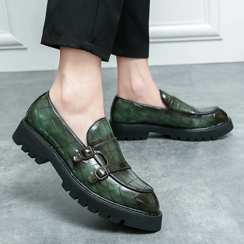 Street Fashion Men's Loafers Thick Sole Big Toe Shoes Trend Green Party Dress Shoes Men's Genuine Leather Casual Shoes 37-46