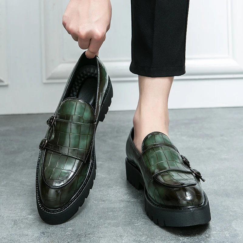 Street Fashion Men's Loafers Thick Sole Big Toe Shoes Trend Green Party Dress Shoes Men's Genuine Leather Casual Shoes 37-46