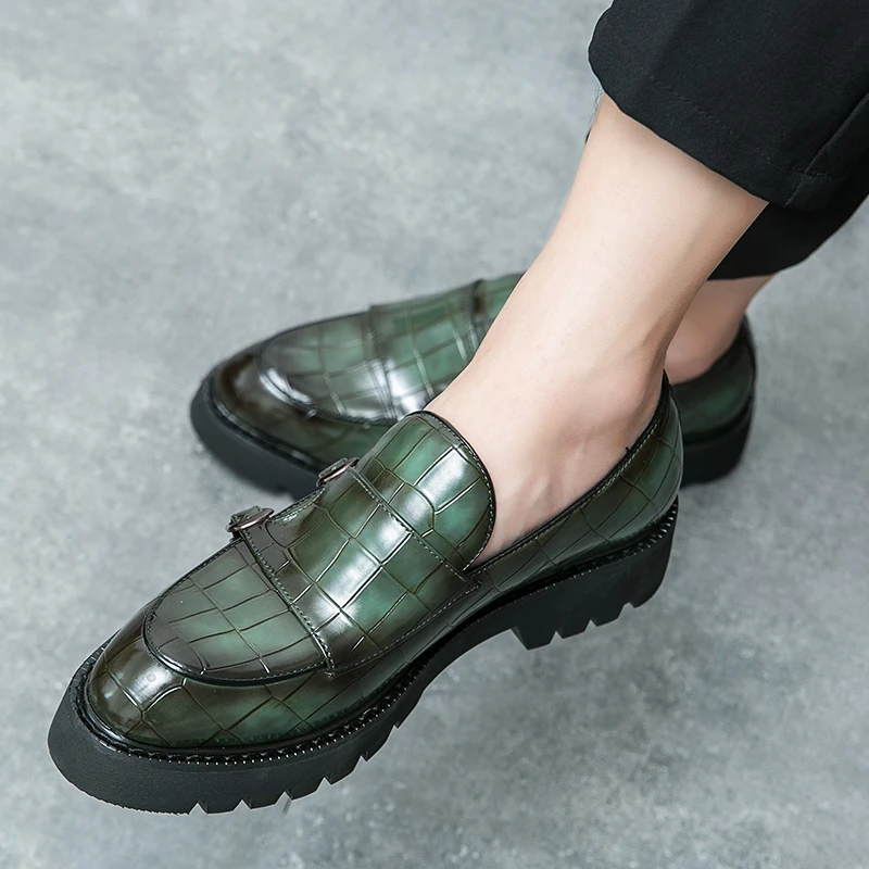 Street Fashion Men's Loafers Thick Sole Big Toe Shoes Trend Green Party Dress Shoes Men's Genuine Leather Casual Shoes 37-46