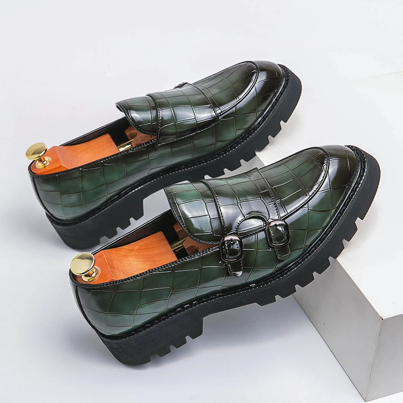 Street Fashion Men's Loafers Thick Sole Big Toe Shoes Trend Green Party Dress Shoes Men's Genuine Leather Casual Shoes 37-46
