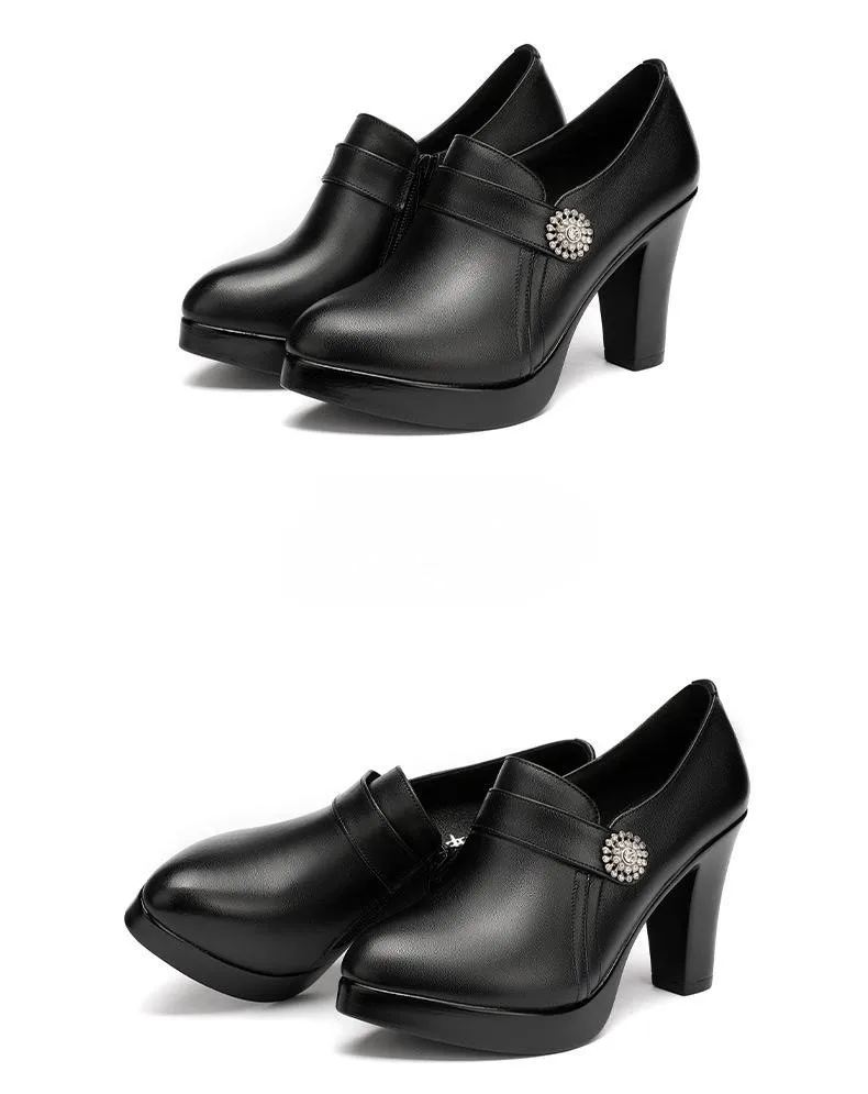 9cm Small Size 32-43 Elegant Deep Mouth Genuine Leather Shoes Thick Bottom Platform Pumps 2026 Fall Block High Heels Shoes Fur