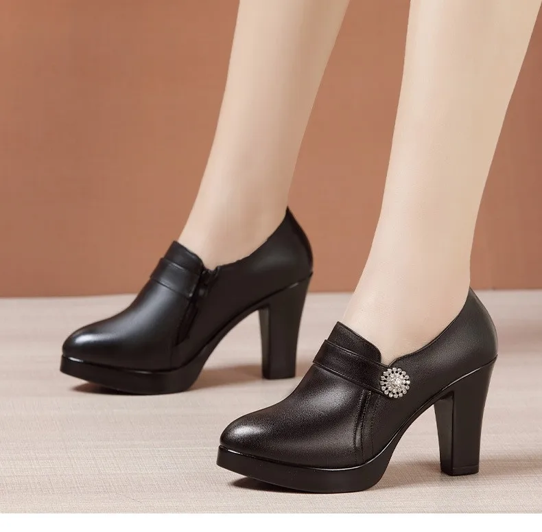 9cm Small Size 32-43 Elegant Deep Mouth Genuine Leather Shoes Thick Bottom Platform Pumps 2026 Fall Block High Heels Shoes Fur