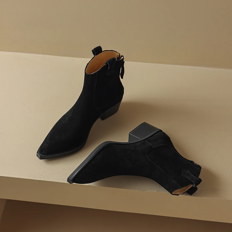 Cow Suede Women Western Boots Black Brown Khaki Mid Block Heels Back Zipper Pointed Toe Retro Ladies Autumn Winter Ankle Boots