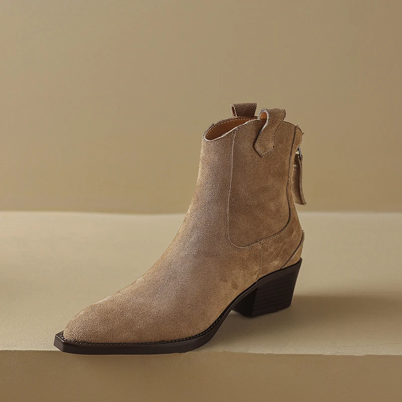 Cow Suede Women Western Boots Black Brown Khaki Mid Block Heels Back Zipper Pointed Toe Retro Ladies Autumn Winter Ankle Boots