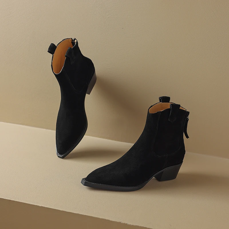 Cow Suede Women Western Boots Black Brown Khaki Mid Block Heels Back Zipper Pointed Toe Retro Ladies Autumn Winter Ankle Boots