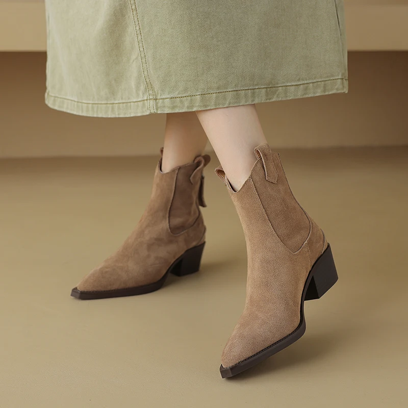 Cow Suede Women Western Boots Black Brown Khaki Mid Block Heels Back Zipper Pointed Toe Retro Ladies Autumn Winter Ankle Boots