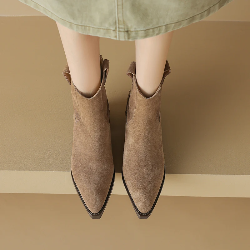 Cow Suede Women Western Boots Black Brown Khaki Mid Block Heels Back Zipper Pointed Toe Retro Ladies Autumn Winter Ankle Boots