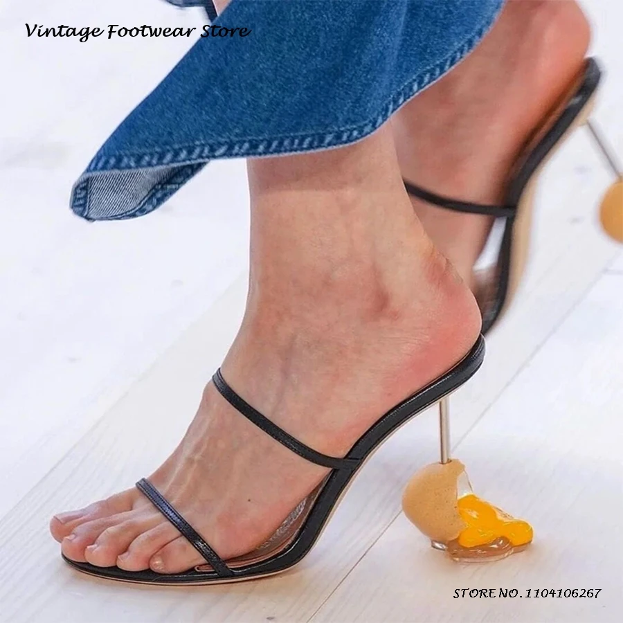 Novelty Egg Yolk High Heel Mules Elegant Round Open Toe Strange Style Heel Shoes Women's Summer Streetstyle Modern Slippers
