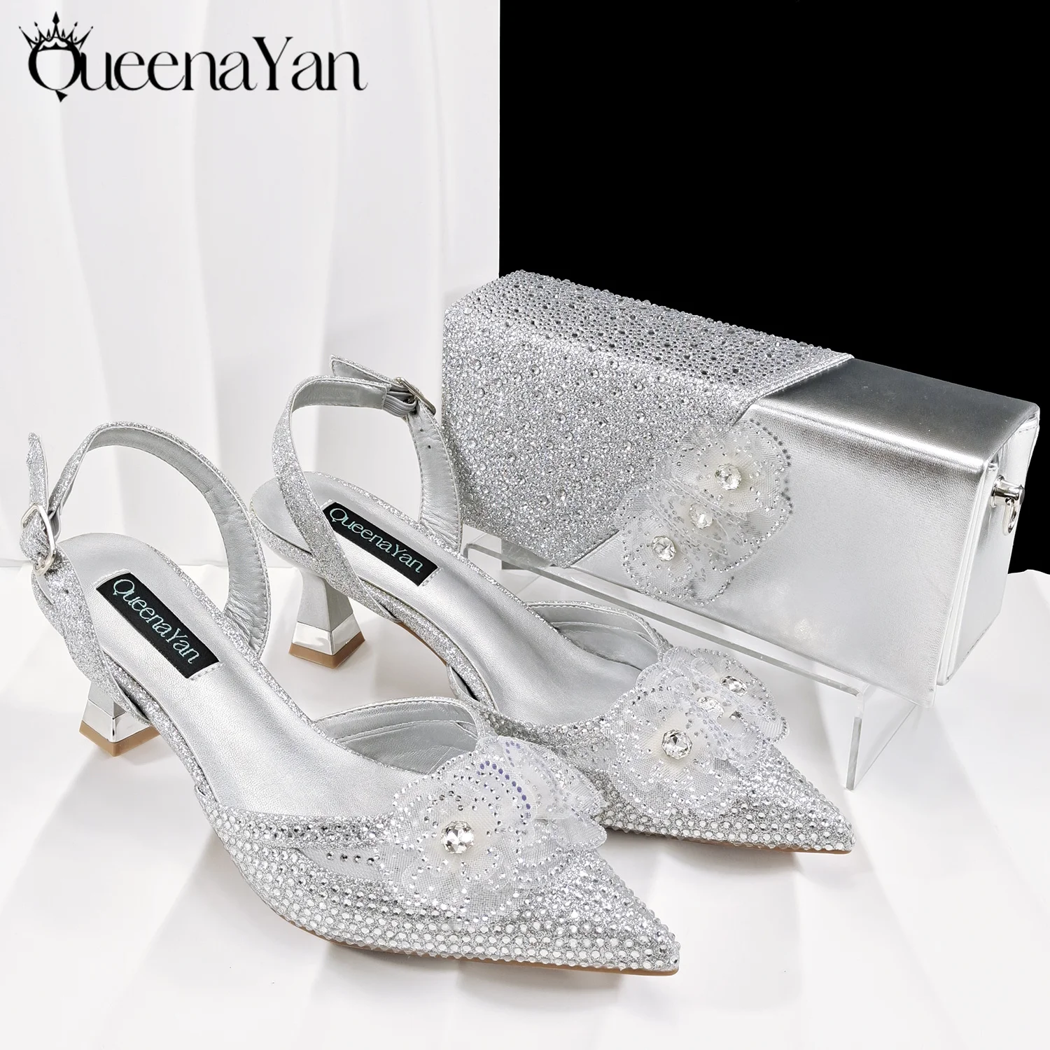 QueenaYan 2026 Elegant Silver Pointed-Toe High Heels Shoes with Diamond Accents & Matching Bag - Ideal for Party Elegance
