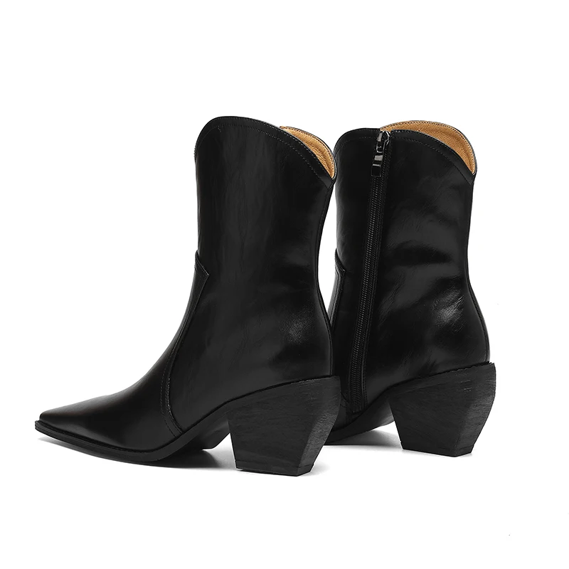 2025 New Trend Autumn Winter Women Split Leather High Block Heels Western Boots Black Brown Fashion Pointed Toe Slip-On Boots