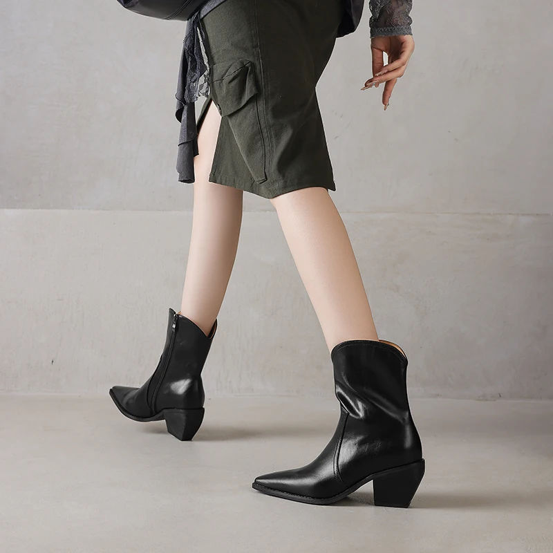 2025 New Trend Autumn Winter Women Split Leather High Block Heels Western Boots Black Brown Fashion Pointed Toe Slip-On Boots