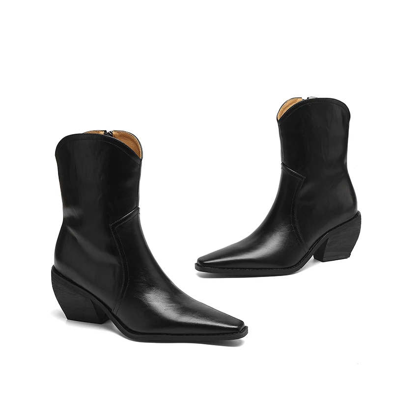 2025 New Trend Autumn Winter Women Split Leather High Block Heels Western Boots Black Brown Fashion Pointed Toe Slip-On Boots