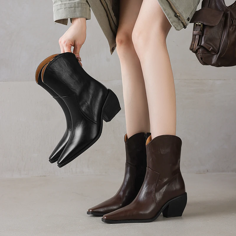 2025 New Trend Autumn Winter Women Split Leather High Block Heels Western Boots Black Brown Fashion Pointed Toe Slip-On Boots