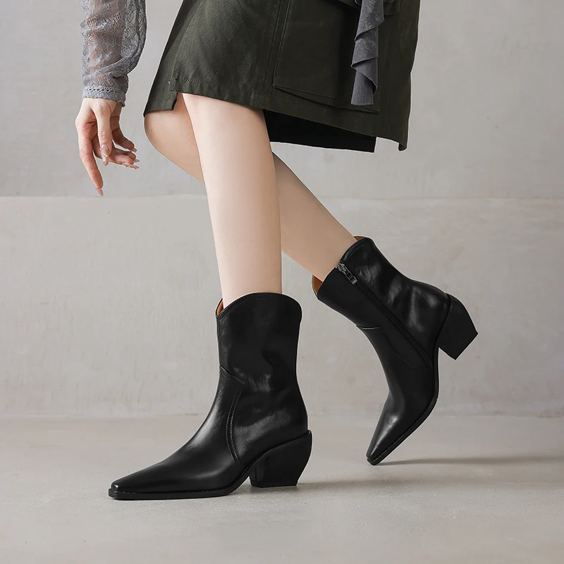 2025 New Trend Autumn Winter Women Split Leather High Block Heels Western Boots Black Brown Fashion Pointed Toe Slip-On Boots