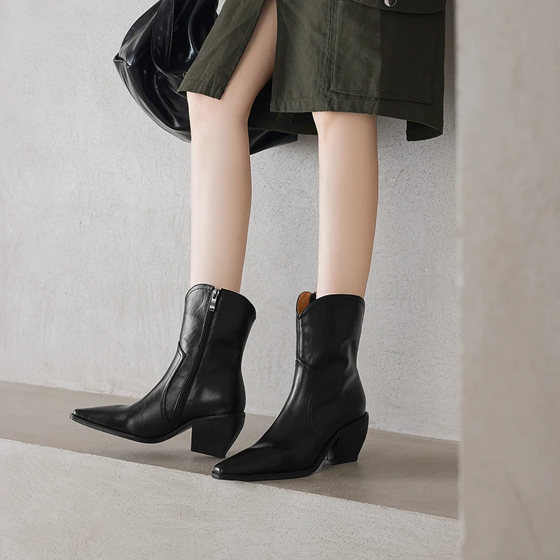 2025 New Trend Autumn Winter Women Split Leather High Block Heels Western Boots Black Brown Fashion Pointed Toe Slip-On Boots