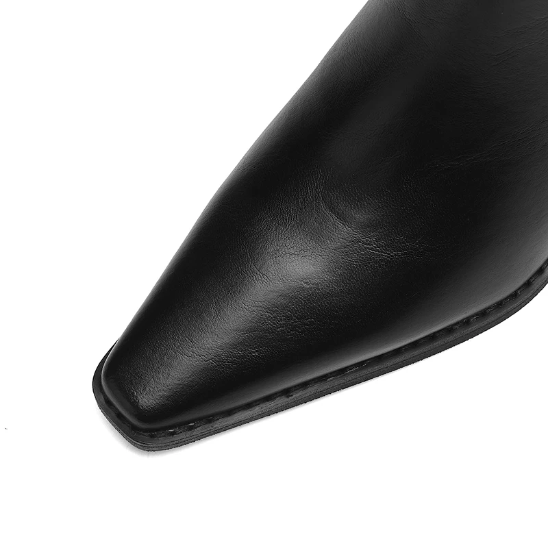 2025 New Trend Autumn Winter Women Split Leather High Block Heels Western Boots Black Brown Fashion Pointed Toe Slip-On Boots