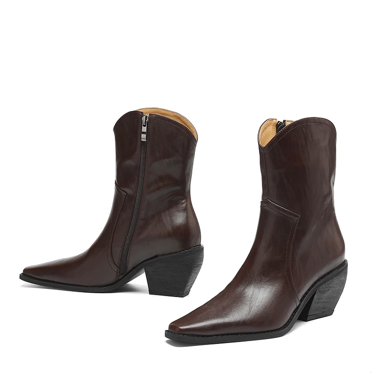 2025 New Trend Autumn Winter Women Split Leather High Block Heels Western Boots Black Brown Fashion Pointed Toe Slip-On Boots