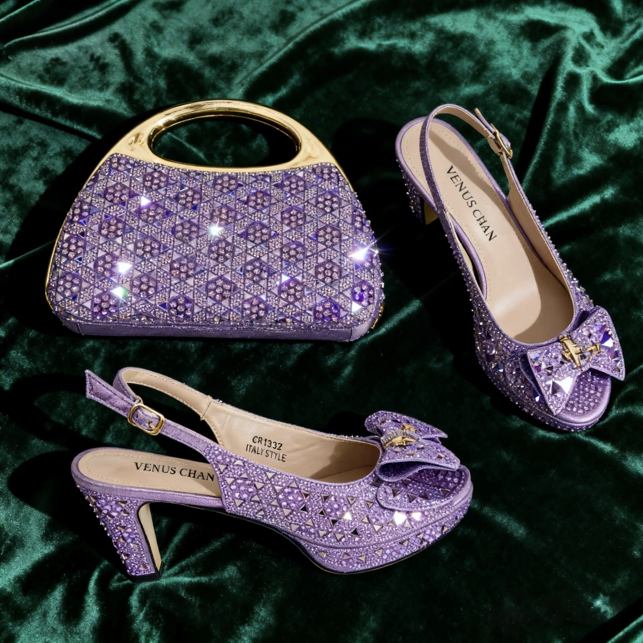 Venus Chan 2026 Women’s Italian Gold High Heels with Rhinestone Detail & Matching Bag Set - Stylish Pointed Toe Design