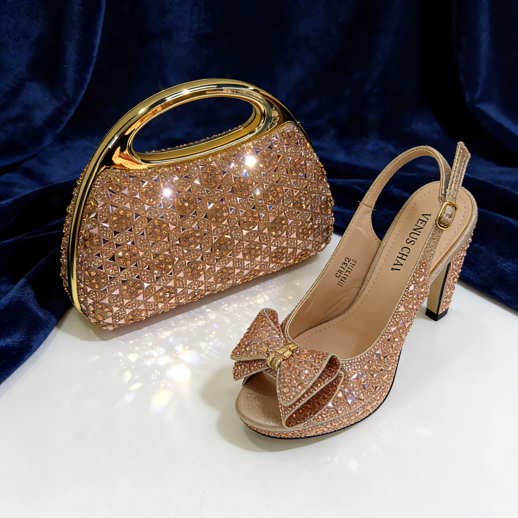 Venus Chan 2026 Women’s Italian Gold High Heels with Rhinestone Detail & Matching Bag Set - Stylish Pointed Toe Design