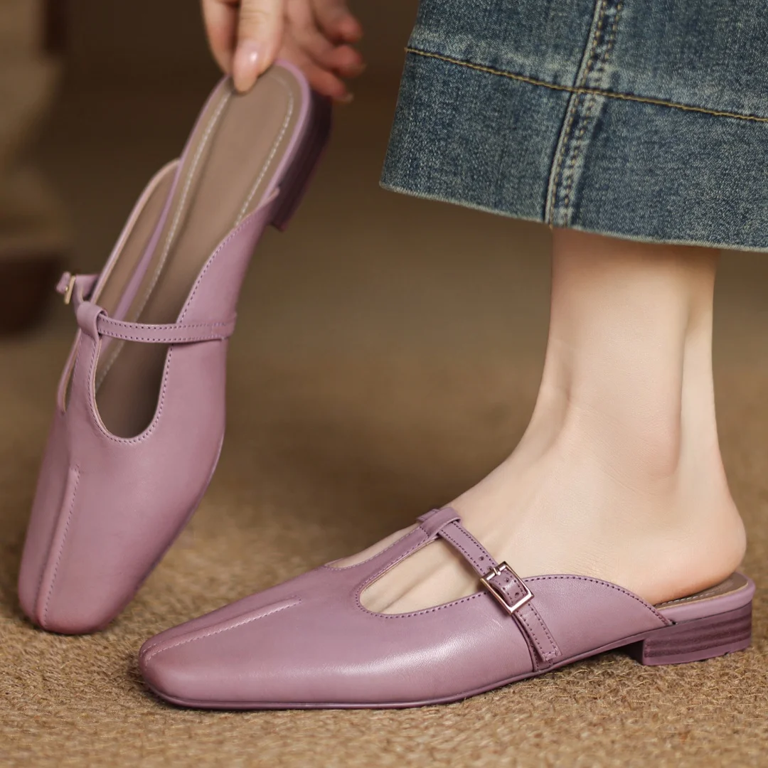 danxuefei plus size 34-41 women's cow leather t-strap slip-on flats summer slides sandals casual female soft comfortable mules