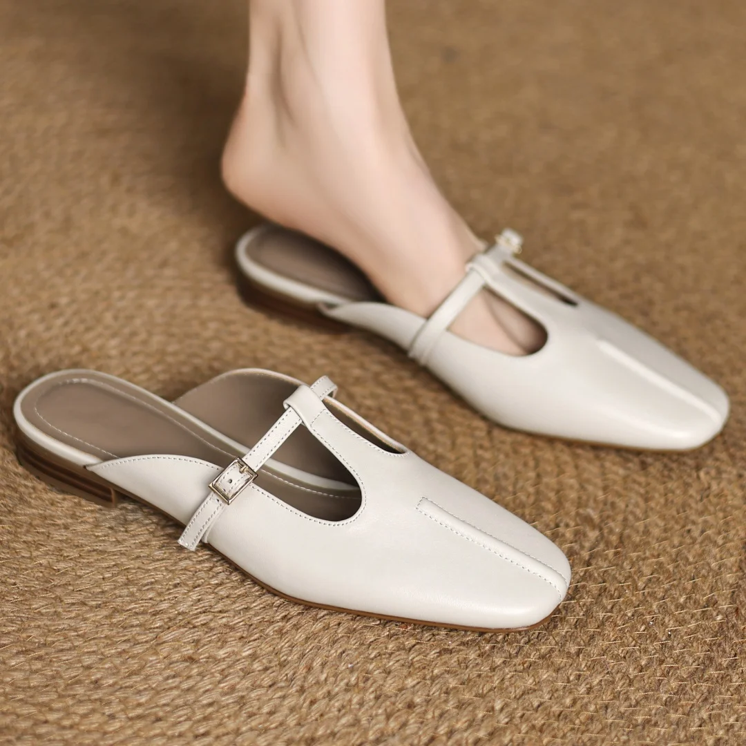 danxuefei plus size 34-41 women's cow leather t-strap slip-on flats summer slides sandals casual female soft comfortable mules
