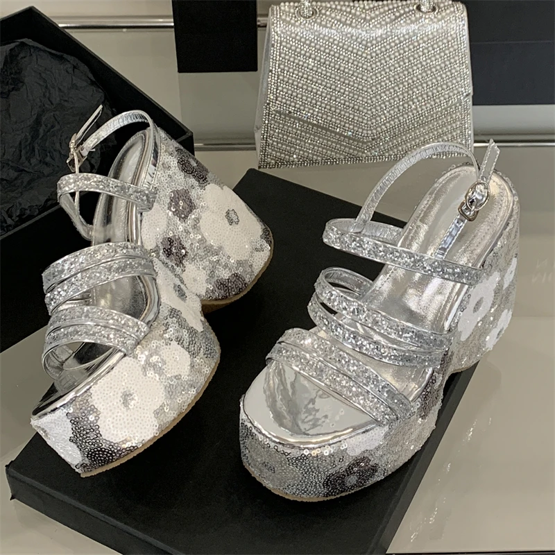Eilyken CRYSTAL Diamonds Sequin Cloth Buckle Strap Platform Wedges Women Sandals Street Style High Heels Summer Shoes