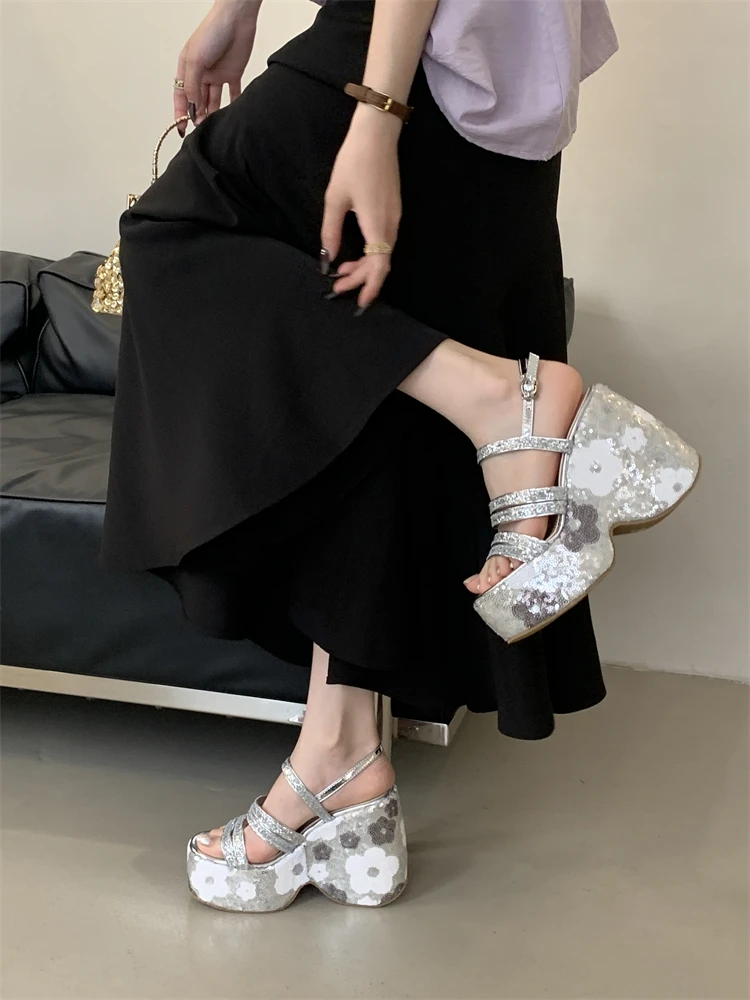 Eilyken CRYSTAL Diamonds Sequin Cloth Buckle Strap Platform Wedges Women Sandals Street Style High Heels Summer Shoes