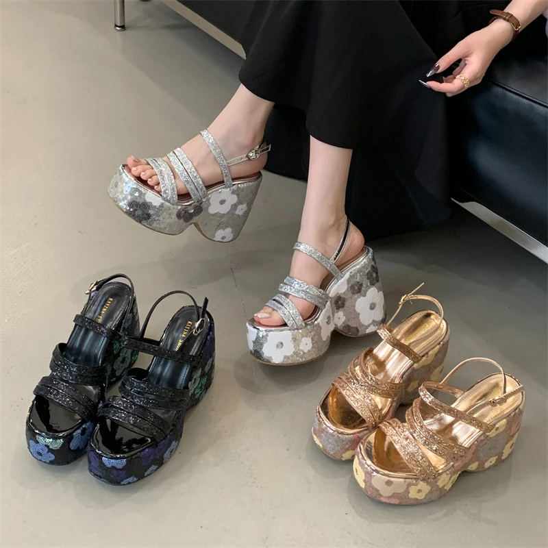 Eilyken CRYSTAL Diamonds Sequin Cloth Buckle Strap Platform Wedges Women Sandals Street Style High Heels Summer Shoes