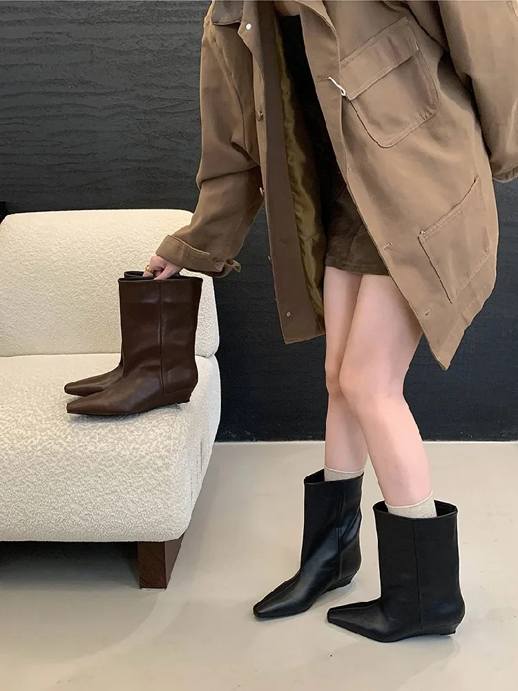 Eilyken 2026 Vintage Soft Leather Pointed Toe Women Ankle Boots Autumn Winter Wedges Heel Shoes Concise Ladies Modern Booties