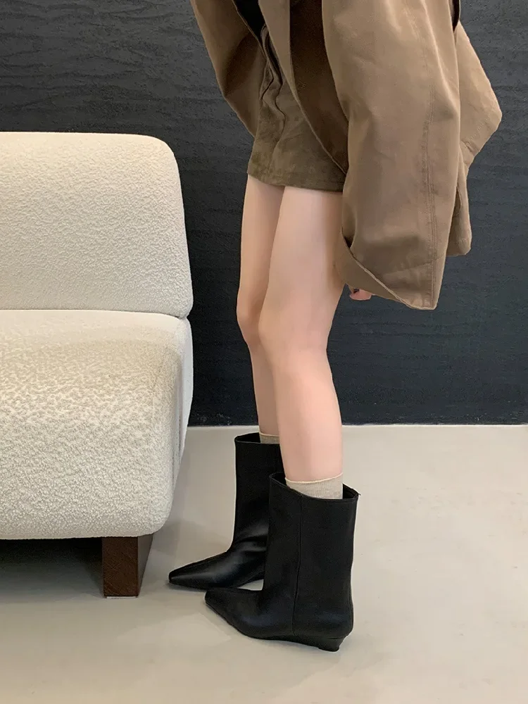 Eilyken 2026 Vintage Soft Leather Pointed Toe Women Ankle Boots Autumn Winter Wedges Heel Shoes Concise Ladies Modern Booties