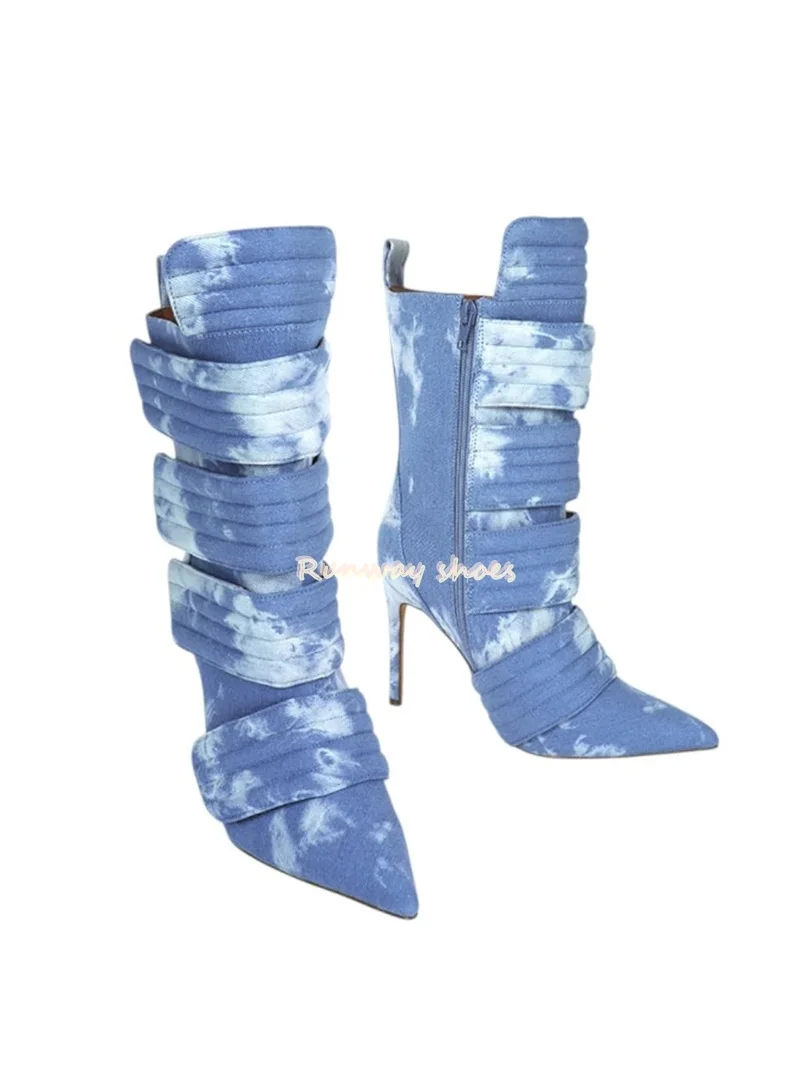 Pointed Multiple Broadband Connections Women's Mid-calf Boots Stilettos Spring And Autumn Style Retro Style Luxury Women's Shoes
