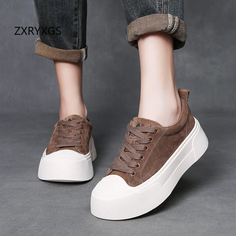ZXRYXGS Frosted Cowhide Platform Shoes Height Increasing Sneakers 2026 New Lace-up Fashionable Versatile Casual Shoes for Women