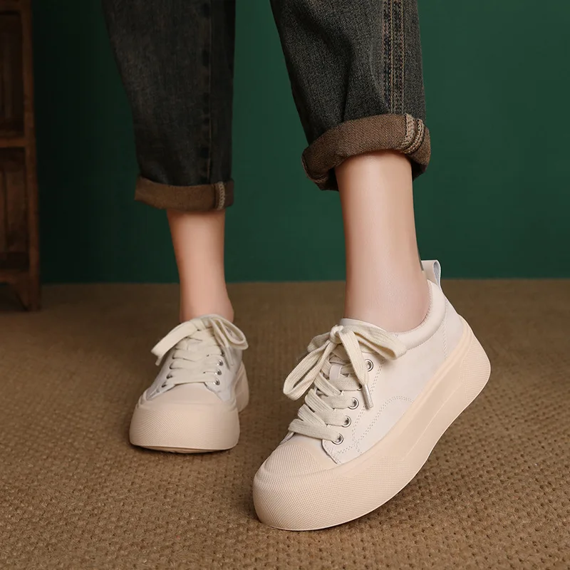 ZXRYXGS Frosted Cowhide Platform Shoes Height Increasing Sneakers 2026 New Lace-up Fashionable Versatile Casual Shoes for Women