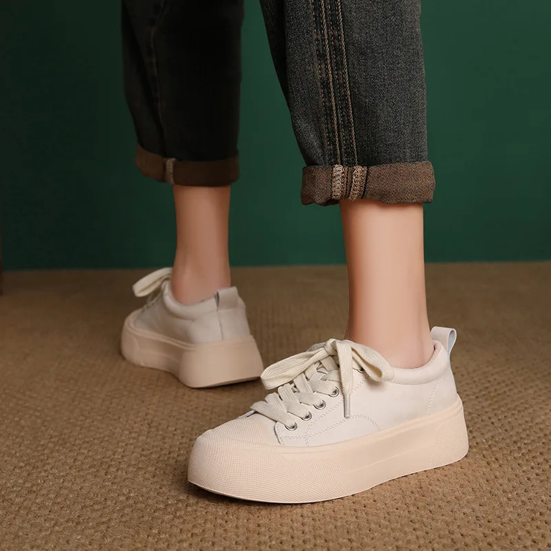ZXRYXGS Frosted Cowhide Platform Shoes Height Increasing Sneakers 2026 New Lace-up Fashionable Versatile Casual Shoes for Women